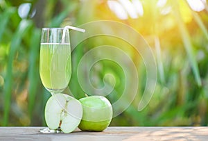 Green apple juice in glass and slice apple fruit with nature green summer background