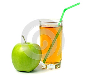 Green apple with juice isolated on white