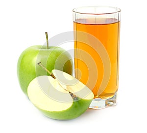 Green apple with juice isolated on white