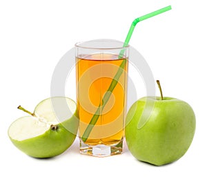 Green apple with juice isolated on white