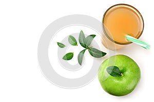 green apple with apple juice isolated on white background. top view