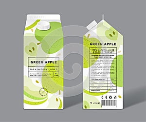 Green Apple juice. Template packaging design. Whole and cut transparent fruits.