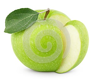 Green apple with leaf and cut on white