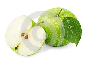 Green apple with leaf and half on white