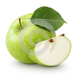 Green apple with leaf and slice isolated on a white