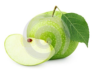 Green apple with leaf and slice isolated on white