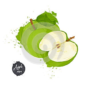 Green apple with leaf and slice isolated on white background. watercolour style Vector illustration.