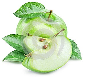 Green apple with leaves and green apple pieces on white background. File contains clipping path