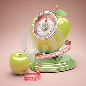 Green apple with measuring tape and apple on scales. Diet concept.
