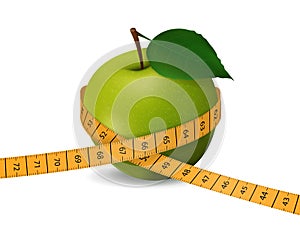 Green apple with measuring tape. Isolated.