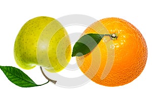 Green apple and orange isolated on a white background.