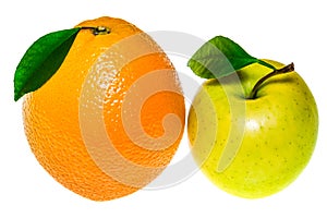 Green apple and orange isolated on a white background.