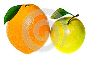Green apple and orange isolated on a white background.