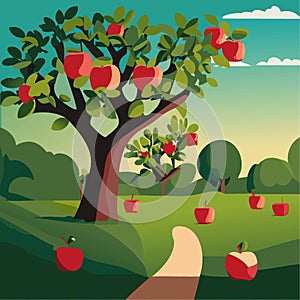 Green apple orchard with harvest as summer landscape. Vector illustration 10 eps