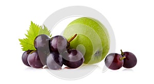 Green apple with grape bunch isolated on white background