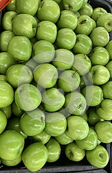 Green apple raw fruit and vegetables overhead perspective background, part of healthy organic fresh products