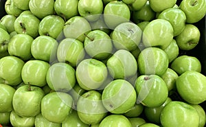 Green apple raw fruit and vegetables overhead perspective background, part of healthy organic fresh products