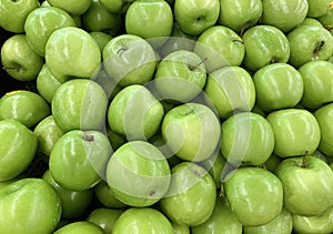 Green apple raw fruit and vegetables overhead perspective background, part of healthy organic fresh products