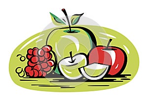 Green apple, red apple with a slice, and a bunch of grapes on a stylized background. Fruit composition, healthy eating