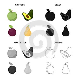 Green apple, ripe avocado, plum fruit, pear. Fruits set collection icons in cartoon black monochrome outline style