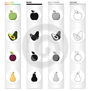 Green apple, ripe avocado, plum fruit, pear. Fruits set collection icons in cartoon black monochrome outline style