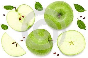 Green apple with slices isolated on a white background. top view. clipping path