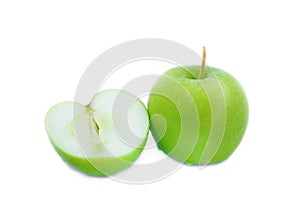 Green apple and slices on white background with water drop, fruit Nourish the health body