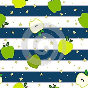 Green apple and slices withleaves, flat vector illustration, over white and blue stripes and golden stars, background, seamless pa