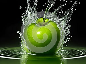 Green apple splashing on water on a dark background