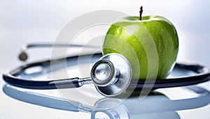 Green Apple and a Stethoscope on a White Reflective Surface - Generative Ai