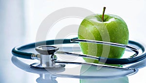 Green Apple and a Stethoscope on a White Reflective Surface - Generative Ai