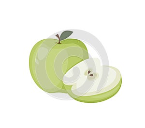 Green apple vector illustration. A whole green apple and a green leaf. isolated on a white background. Apple fruit