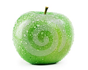 Green apple with water drops