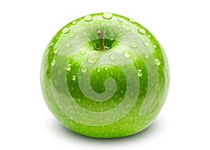 Green apple with water drops on white background. Organic Fresh Granny smith apple. Healthy fruit food