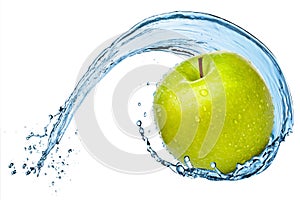 Green apple in water splash.