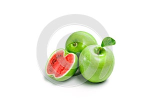 Green apple watermelon on white background, isolate. A product of genetic engineering, genetically modified fruit. Image computer