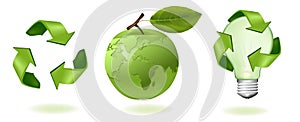 Green apple with world map and ecology icons.