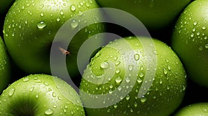 Green apples close-up. Fresh green apple on a black texture background. Apple with droplets of water. Healthy food for vegetarians