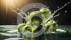 Green apples droped into water