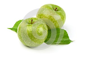 Green apples granny smith with leafs, isolated on white background