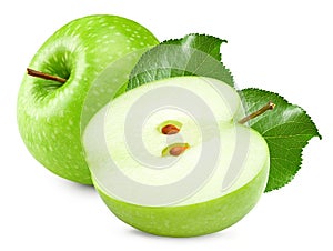 green apples with green leaves isolated on white background. clipping path