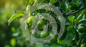 Green apples growing on a tree branch photo
