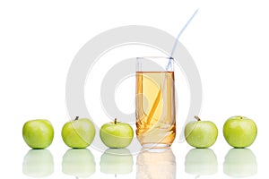 Green apples with juice isolated on white