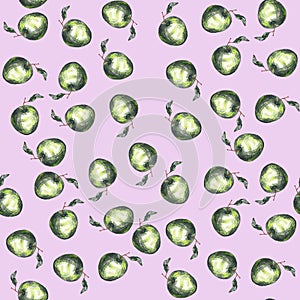 Green apples pattern on a pink background illustration.