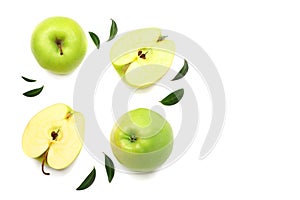 green apples with slices isolated on white background. top view