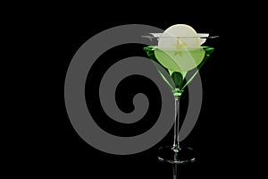 Green appletini cocktail with slice of apple in martini glass on black background