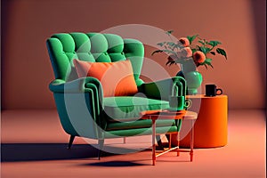 Green armchair with orange coffee table living room interior design