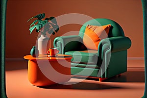 Green armchair with orange coffee table living room interior design