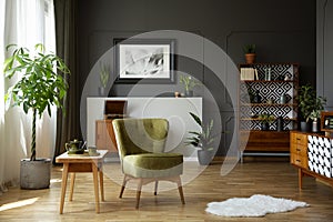 Green armchair standing in real photo of living room interior