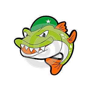 Green Army Whale with beret hat cartoon illustration